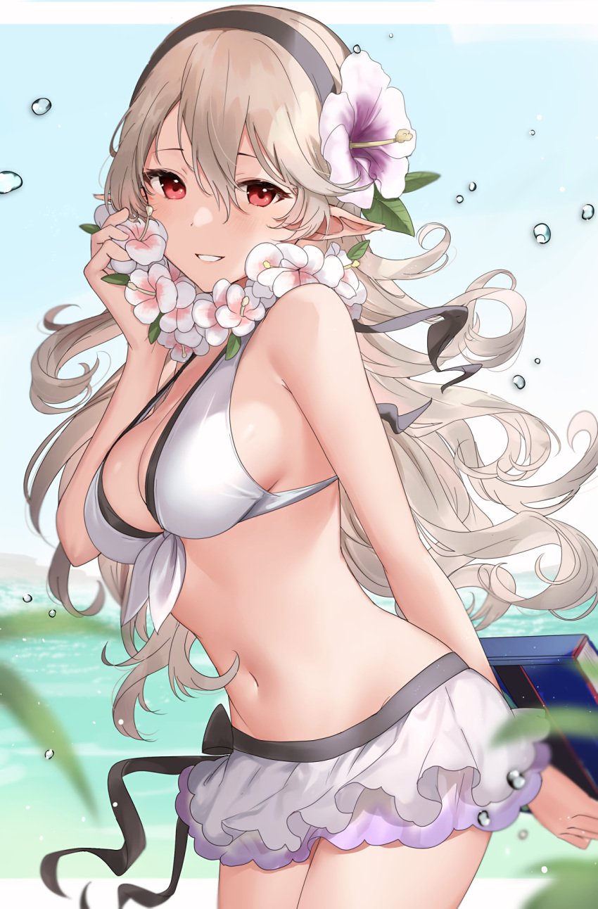 1girls alternate_costume alternate_version_available bangs bikini bikini_skirt black_hairband book breasts cleavage corrin_(female)_(summer)_(fire_emblem) corrin_(fire_emblem) corrin_(fire_emblem)_(female) female female_only fire_emblem fire_emblem_fates fire_emblem_heroes flower flower_necklace grey_hair grin hair_between_eyes hair_flower hair_ornament hairband haru_(nakajou-28) highres holding holding_book long_hair looking_at_viewer medium_breasts navel nintendo official_alternate_costume outdoors pointy_ears purple_flower red_eyes skirt smile solo stomach swimsuit teeth water wavy_hair white_bikini white_flower white_skirt