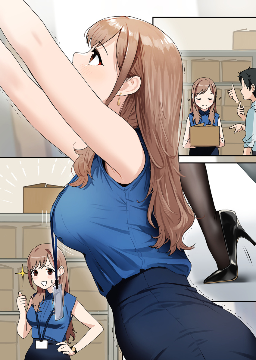 1boy 1girls arms_up black_skirt blue_shirt box breasts brown_eyes brown_hair doushimasho earrings female female_focus lanyard large_breasts lifting male office_lady pencil_skirt piercing shirt_tucked_in skirt sleeveless solo_focus sweatdrop tagme taut_shirt thumbs_up