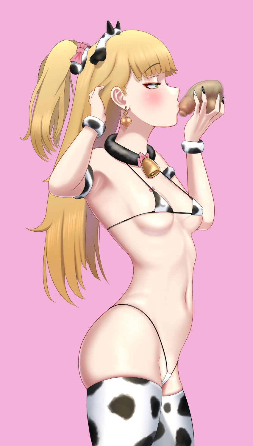 1boy 1boy1girl 1girls armpits ass balls belly belly_button bikini blonde_hair blush cow_ears cow_girl cow_horns cow_print cowbell earrings female female_focus flaccid flaccid_penis foreskin green_eyes hi_res iceringer idolmaster idolmaster_cinderella_girls jougasaki_rika kissing_penis legwear looking_at_penis medium_breasts micro_bikini nail_polish penis penis_grab penis_kiss petite pink_background side_view simple_background skinny small_penis small_penis_adoration