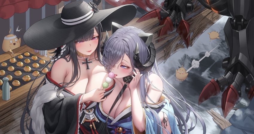 2girls august_von_parseval_(azur_lane) azur_lane bangs bare_shoulders big_breasts black_hair blue_eyes cat_ears cleavage cross dango horn horns iron_blood_(azur_lane) iron_cross kimono large_breasts long_hair makeup manjuu_(azur_lane) peter_strasser_(azur_lane) purple_eyes purple_hair red_eyes rhasta sun_hat tagme