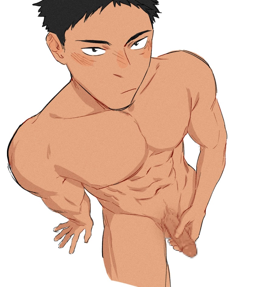 abs black_hair erection haikyuu!! hard_on iwaizumi_hajime lad male male_only nude pecs penis_grab perspective posing shourai_kun spiky_hair