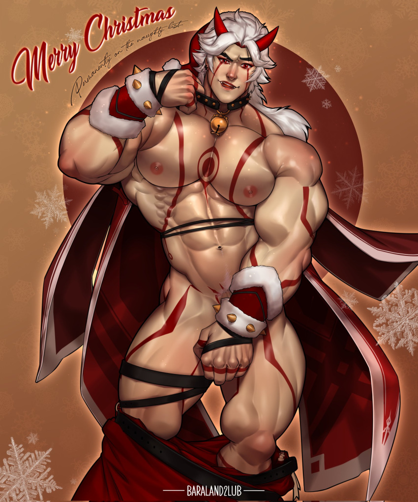 1boy 2lubkhland abs arataki_itto arm_guards bara bell_collar biceps big_biceps big_pecs big_thighs broad_shoulders christmas_outfit collar covering_crotch demon genshin_impact japanese_mythology long_hair long_hair_male male male_focus male_only muscle muscles muscular muscular_arms muscular_ass muscular_back muscular_legs muscular_male muscular_thighs mythology nipples oni oni_horns pecs red_eyes small_waist solo spiked_collar tattoos veins white_hair