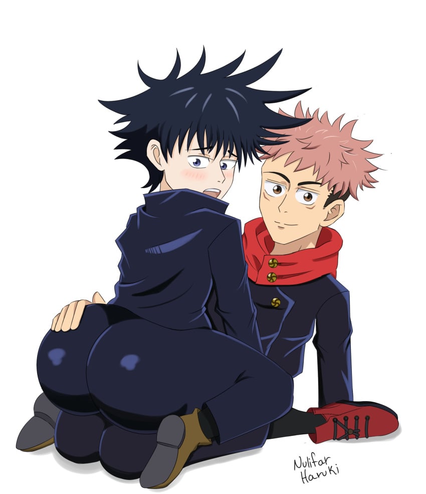 2boys ass ass_grab big_ass big_butt black_hair black_hair_bottom blue_eyes blush brown_eyes bubble_ass bubble_butt clothed clothing domination fushiguro_megumi gay itadori_yuuji jujutsu_kaisen light_hair_on_dark_hair looking_at_viewer nulifaaar pink_hair pink_hair_on_black_hair pink_hair_top school_uniform schoolboy sitting_on_person yaoi