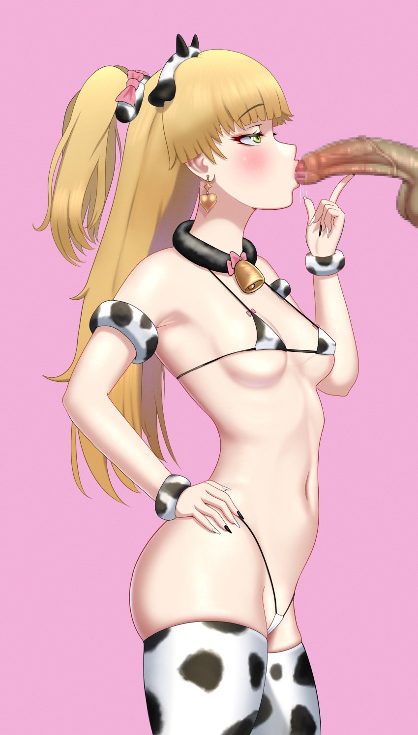 1boy 1boy1girl 1girls armpits ass balls belly belly_button big_penis bikini blonde_hair blush cow_ears cow_girl cow_horns cow_print cowbell earrings female female_focus foreskin green_eyes hi_res iceringer idolmaster idolmaster_cinderella_girls jougasaki_rika kissing_penis legwear licking licking_penis looking_at_partner looking_up medium_breasts micro_bikini nail_polish penis penis_grab penis_kiss penis_lick pink_background side_view simple_background skinny