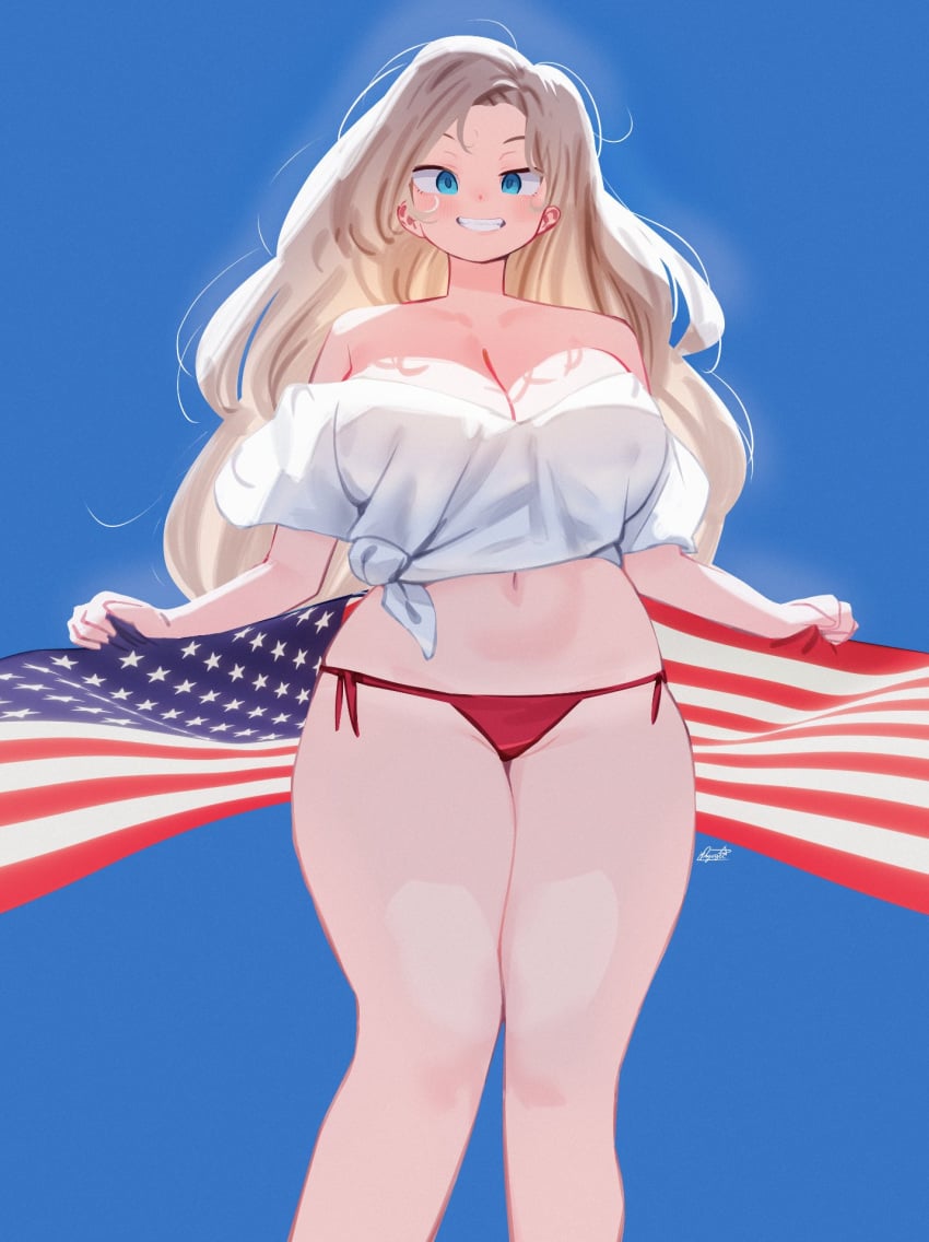 1girls 2022 american_flag artist_name bare_arms bare_shoulders bikini bikini_bottom blonde_hair blue_background blue_eyes breasts crop_top female female_only flag grin groin highres holding_flag holding_object large_breasts long_hair looking_at_viewer navel off-shoulder_shirt off_shoulder original outdoors red_bikini ryusei_hashida shirt side-tie_bikini signature simple_background sky smile solo standing swimsuit teeth thick_thighs thighs tied_hair very_long_hair white_shirt wide_hips