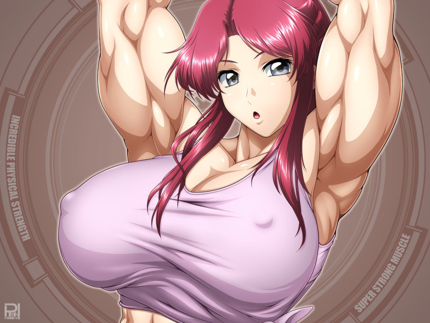 1girls abs amazon armpits arms_up athletic_female big_breasts breasts breasts_bigger_than_head busty cleavage clothed clothed_female covered_nipples cute cute_expression cute_face female female_only fit_female flay_allster grey_eyes gundam gundam_seed huge_breasts light-skinned_female long_hair looking_at_viewer muscle muscular muscular_arms muscular_back muscular_female muscular_shoulders nipple_bulge pose posing red_hair ren_(tainca2000) rentb seductive seductive_pose simple_background solo stretching suprised tank_top tied_hair upper_body