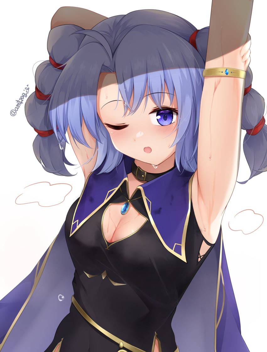 1girls ;o absurdres ahoge arm_behind_head arm_grab arm_up armlet armpits arms_up asymmetrical_bangs bare_arms black_choker black_dress blue_eyes blue_hair breasts cape choker cleavage collar commentary_request crossed_bangs crowned-tapioka curtained_hair dot_nose dress female female_only fire_emblem fire_emblem:_genealogy_of_the_holy_war gold_trim highres looking_at_viewer medium_breasts medium_hair multiple_hair_ties musk nintendo one_eye_closed open_mouth purple_cape purple_eyes purple_hair short_hair solo sweat sweaty tine_(fire_emblem) twintails wet white_background