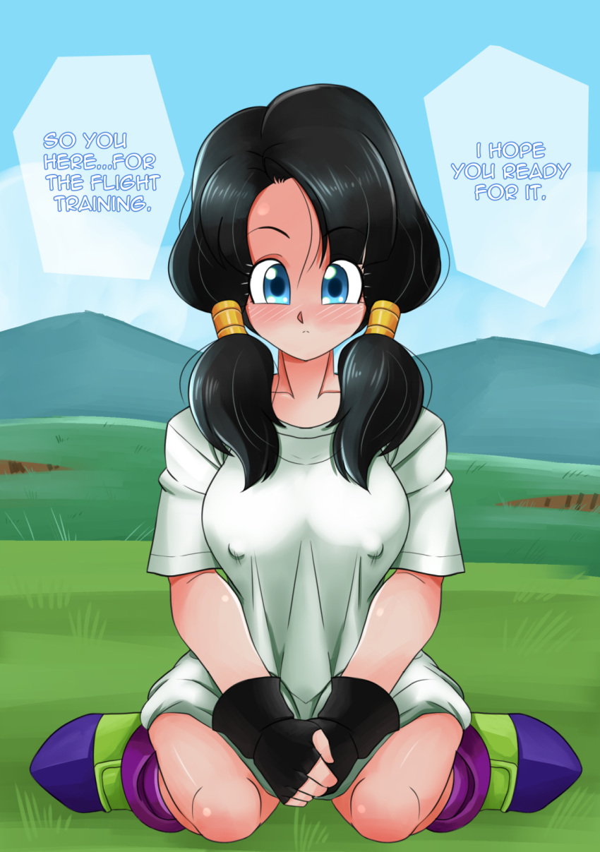 1girls black_hair blue_eyes blush bottomless bottomless_footwear breasts chesterzee clothed dragon_ball dragon_ball_z erect_nipples erect_nipples_under_clothes female female_only fingerless_gloves gokubuttonzee huge_breasts kneeling large_breasts looking_at_viewer nipple_bulge nipples nipples_visible_through_clothing outside solo son_gohan speech_bubble t-shirt text twintails videl