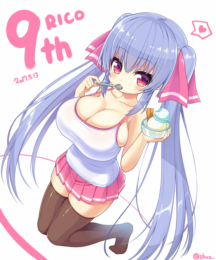 1girls barely_contained big_breasts blue_hair cleavage clothed eating english_text hair_ornament hair_ribbon human ice_cream kneeling long_hair looking_at_viewer on_knees original pink_eyes ribbon riko_(shuz) shortstack shuz_(dodidu) simple_background skindentation solo text thighhighs tight_clothing twintails white_skin