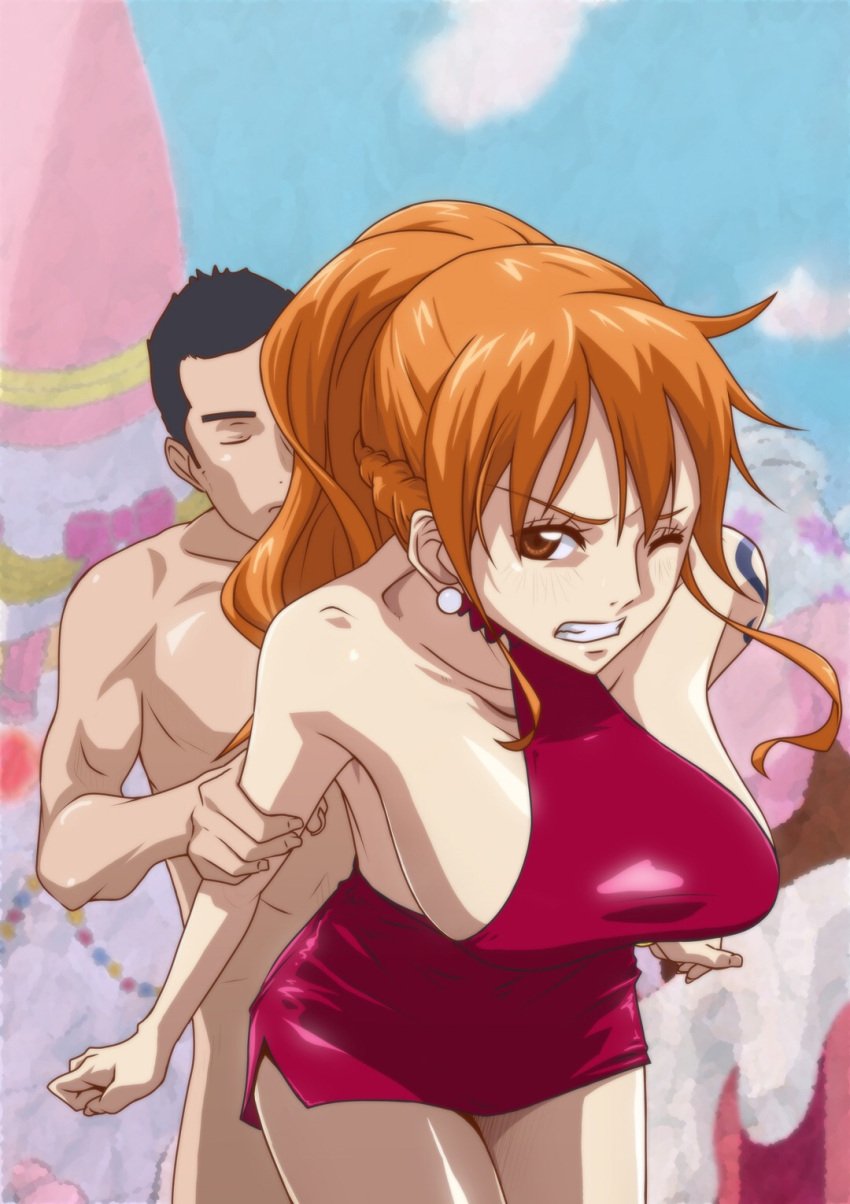 female kyabakurabakufu male nami one_piece orange_hair whole_cake_island