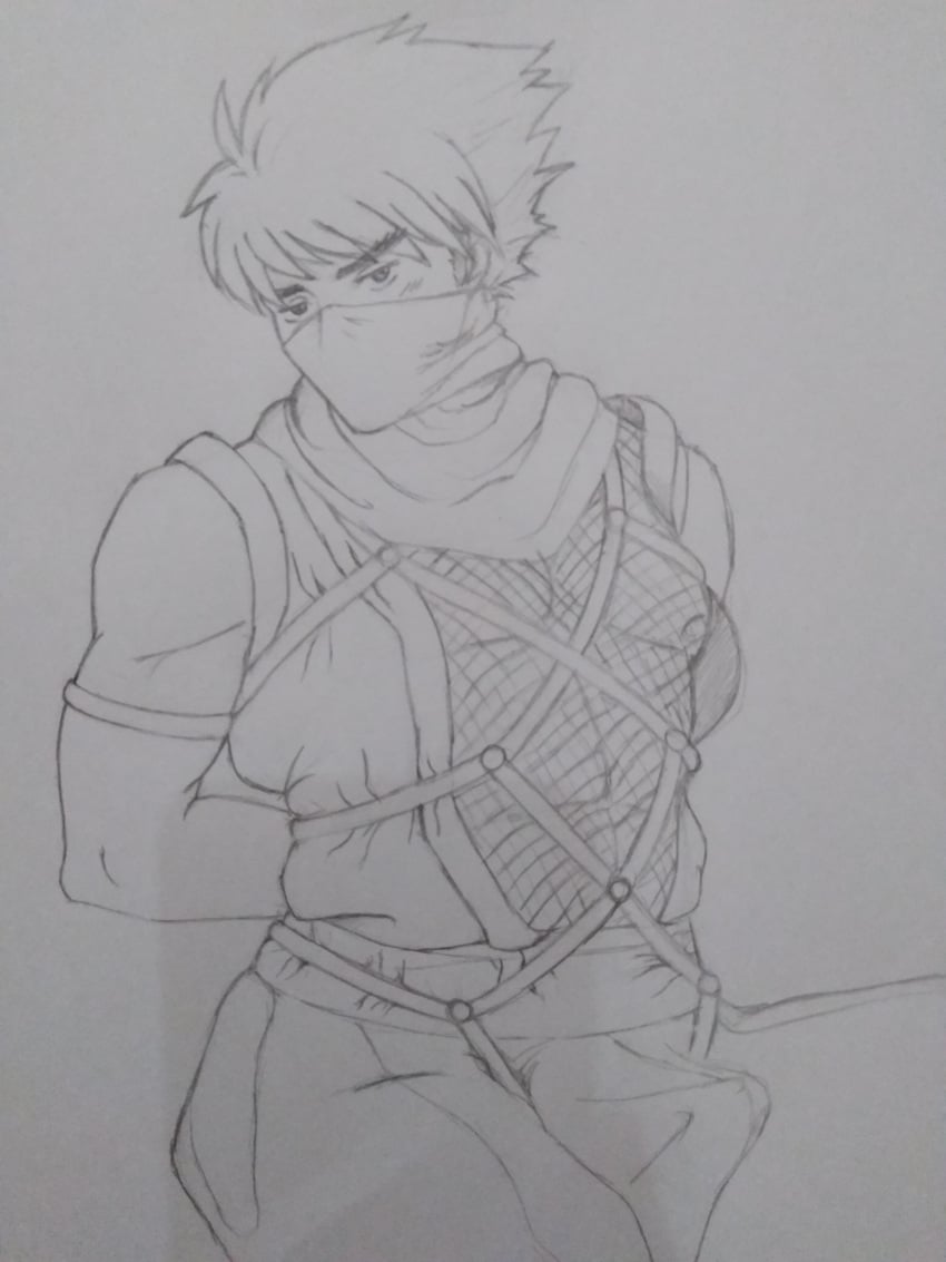 bulge drawfag drawthread_request erection erection_under_clothes male male_focus male_only mask nervous strider_(video_game) strider_hiryu tied traditional_art traditional_media traditional_media_(artwork)