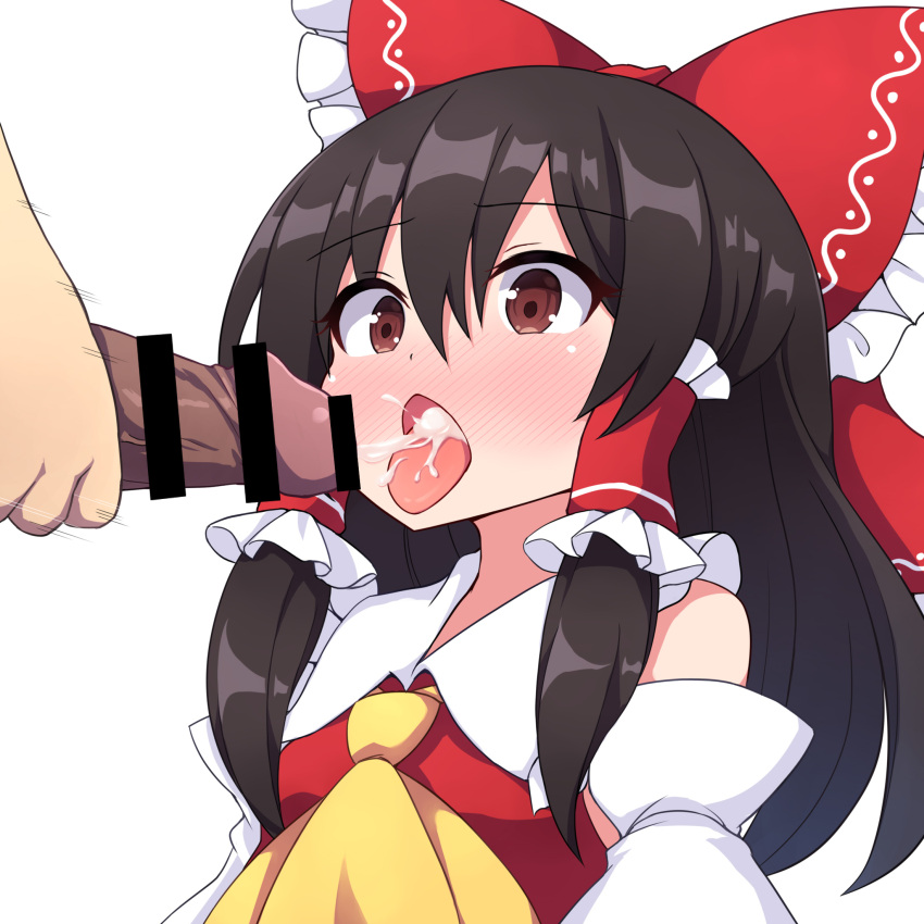 1girls age_difference bar_censor blush censored cum cum_hungry cumshot cumshot_in_mouth ejaculation erection hakurei_reimu penis reimu_hakurei rizento tagme touhou