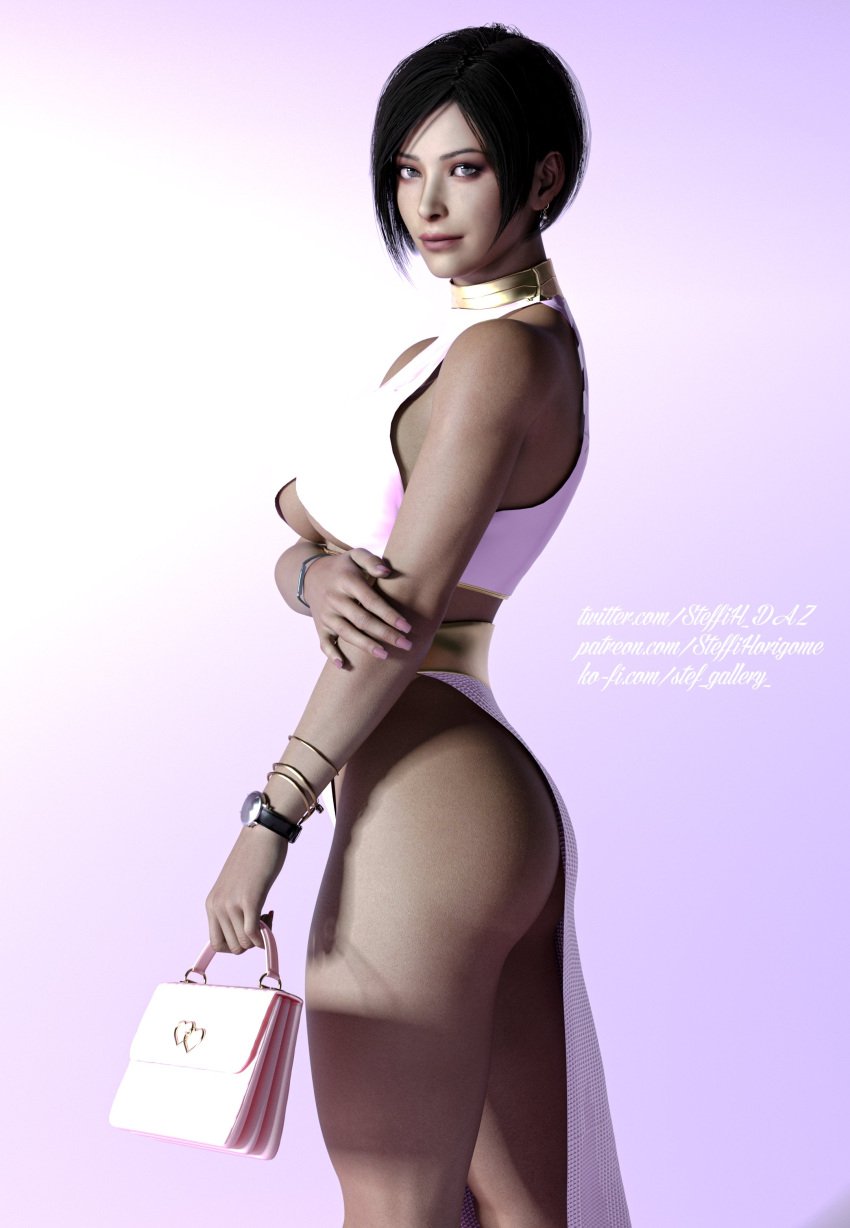 1girls 3d 3d_(artwork) ada_wong ada_wong_(adriana) asian_female ass big_ass big_breasts big_butt blac black_hair brown_eyes butt capcom dress earrings female female_only gold_bracelets posing resident_evil resident_evil_2 resident_evil_2_remake short_hair solo spy steffih_daz toned_legs