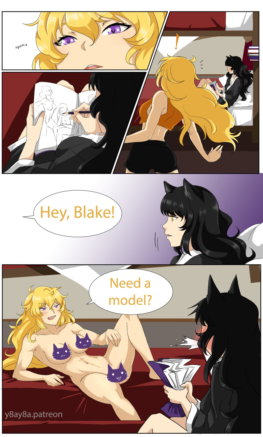 2girls ahoge black_hair blake_belladonna blonde_hair canon_couple cat_ears catgirl censored censored_breasts censored_pussy drawing gold_eyes lavender_eyes modeling nude_female rwby sketching y8ay8a yang_xiao_long yaya_(y8ay8a)