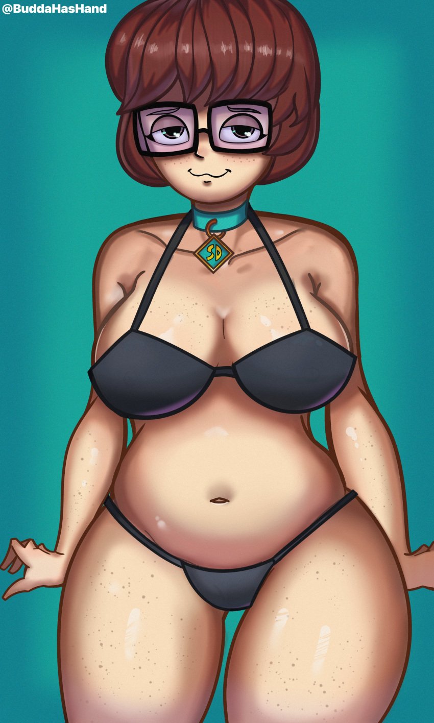 1girls big_breasts black_bikini breasts buddahashand choker clothed curvy_figure female female_only freckles freckles_on_breasts freckles_on_chest freckles_on_thighs glasses hair hanna-barbera huge_breasts navel scooby-doo solo solo_female tagme thick_thighs velma_dinkley wide_hips