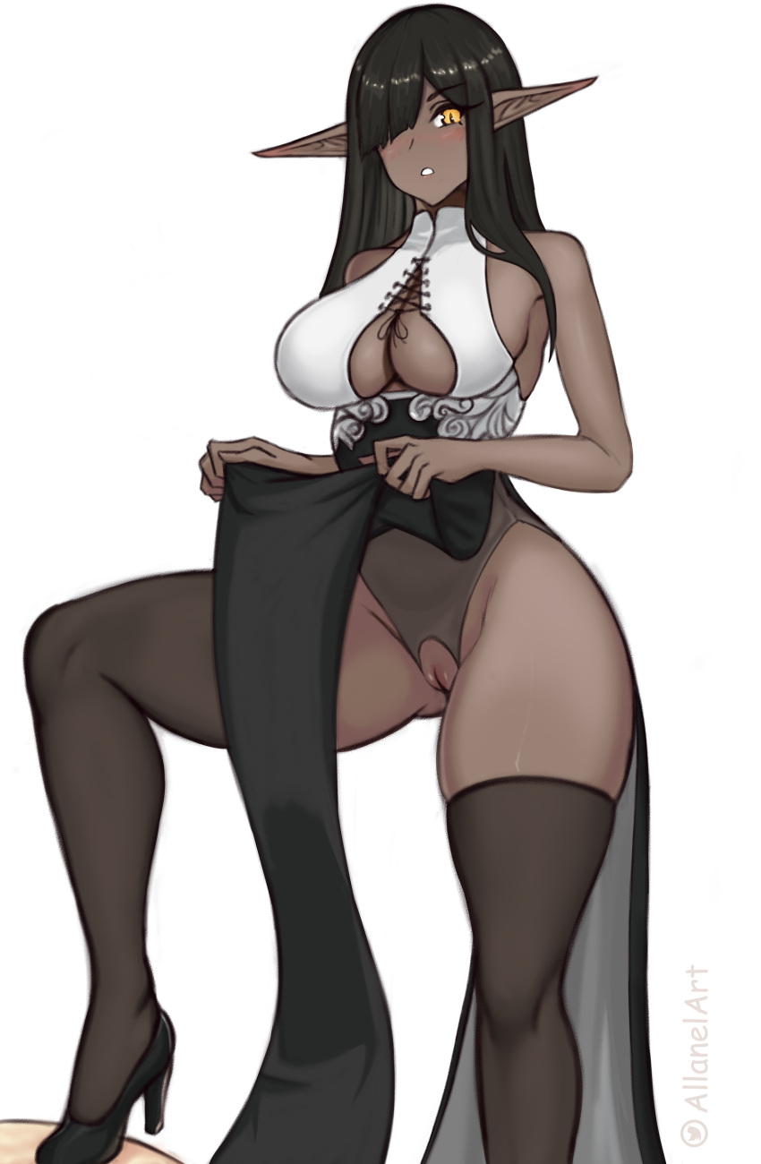 1girls 2022 allanel black_hair blush clothes_lift clothing crotch_cutout dark-skinned_female dark_elf dark_skin elf elf_ears female female_only hair_over_one_eye heels hi_res leg_up long_hair looking_at_viewer orange_eyes original pointy_ears pussy revealing_clothes skimpy solo solo_female thick_thighs thigh_squish thighhighs white_background