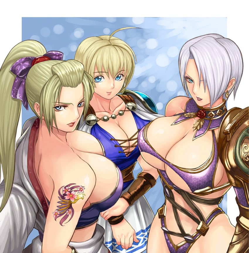 3girls ahoge arm_tattoo asymmetrical_clothes asymmetrical_gloves blonde_hair blue_eyes blue_pauldron breasts busty cleavage earrings female_only gauntlet gold_gauntlet gold_pauldron hair_over_one_eye huge_breasts ibanen isabella_valentine kimono lingerie_armor looking_at_viewer mature mature_female milf pauldrons ponytail purple_bra purple_lingerie purple_thong setsuka short_hair skimpy sophitia_alexandra soul_calibur soul_calibur_iv straps tattoo_on_arm underboob white_hair white_skirt