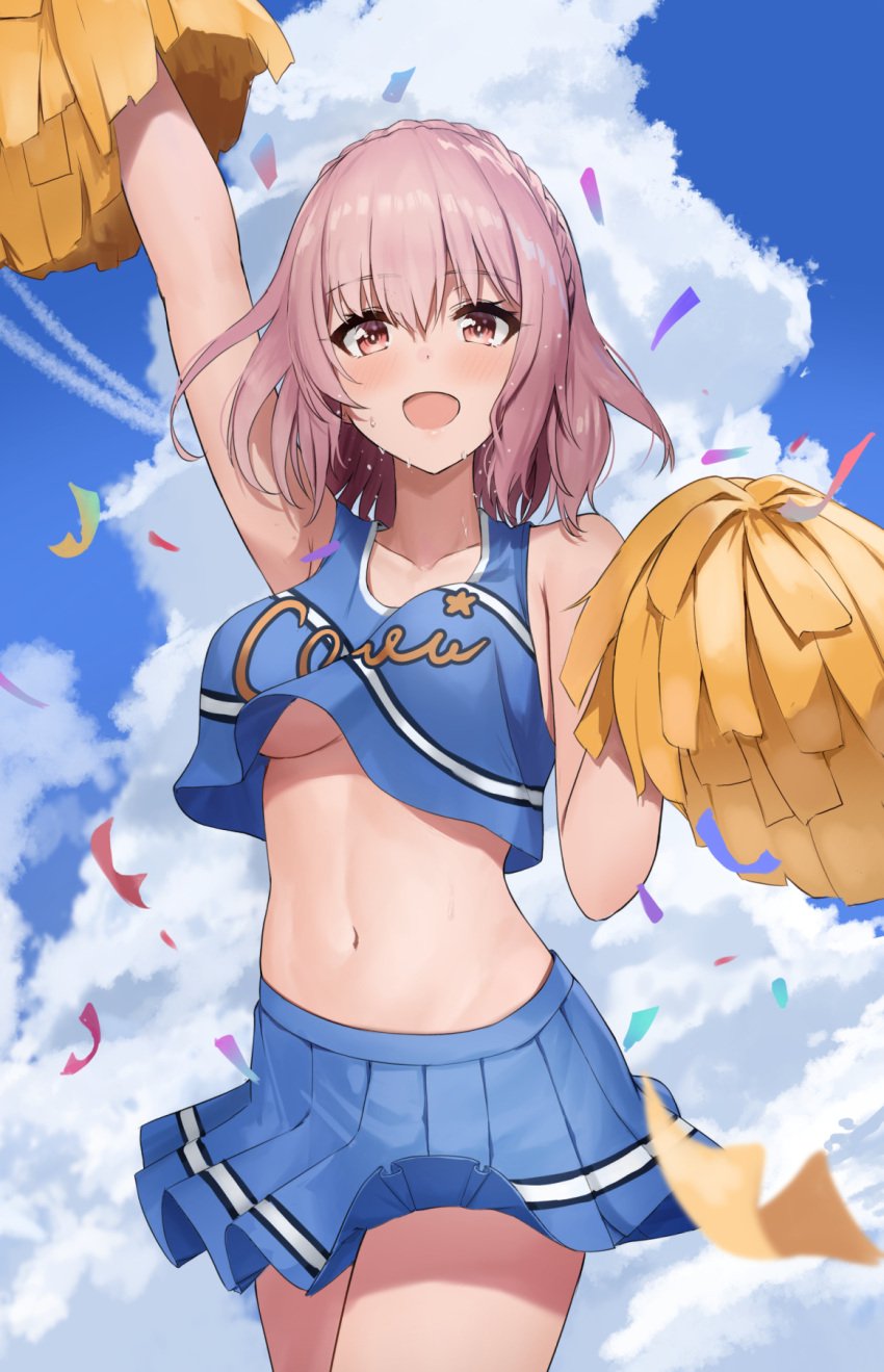 :d arm_up armpits ayul_(ayulneri_92) bare_arms bare_shoulders blue_shirt blue_skirt braid breasts cheerleader collarbone confetti cowboy_shot crop_top crop_top_overhang date_a_live female highres holding looking_at_viewer medium_breasts medium_hair midriff miniskirt navel open_mouth pink_hair pleated_skirt pom_pom_(cheerleading) red_eyes shirt skirt sleeveless sleeveless_shirt smile solo sonogami_rinne standing stomach sweat thighs underboob