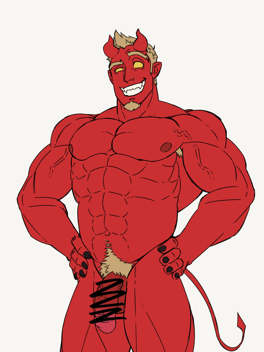 censored censored_penis demon devil evil_grin male male_only muscular_male naked nude poorly_censored pose red_body smiling tagme unknown_character yellow_eyes