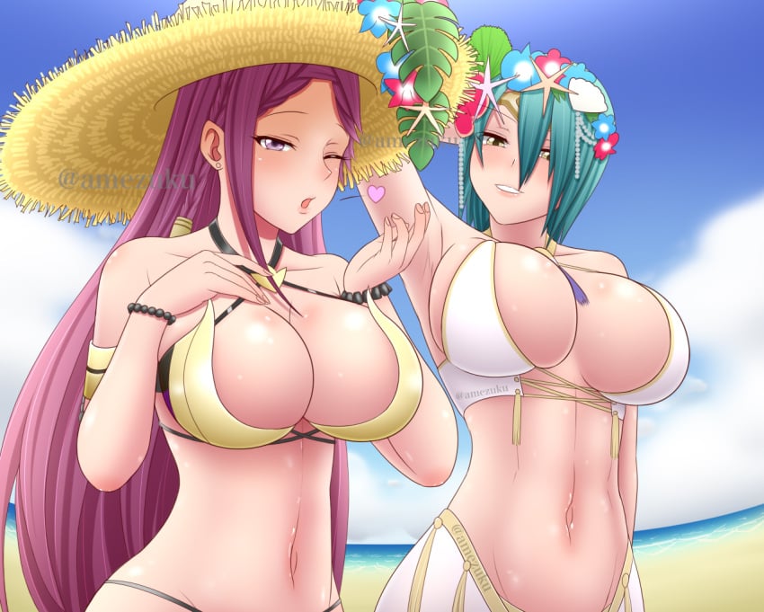 2girls ;o abs alternate_costume amezuku arm_behind_head arm_up armpits bangs bare_midriff bare_shoulders beach bikini blowing_kiss braid breasts circlet cleavage cloud cloudy_sky female female_only fire_emblem fire_emblem_heroes flower gold_trim green_hair grin hair_between_eyes hair_ornament hand_on_own_chest hat head_wreath heart jewelry large_breasts lips loki_(fire_emblem) loki_(summer)_(fire_emblem) long_hair looking_at_viewer medium_hair midriff multiple_girls navel nintendo ocean official_alternate_costume one_eye_closed open_mouth outdoors purple_bikini purple_eyes purple_hair sarong shell_hair_ornament siblings sisters skindentation sky smile straw_hat sun_hat swimsuit thorr_(fire_emblem) thorr_(summer)_(fire_emblem) very_long_hair white_bikini white_swimsuit wink yellow_bikini yellow_eyes yellow_swimsuit