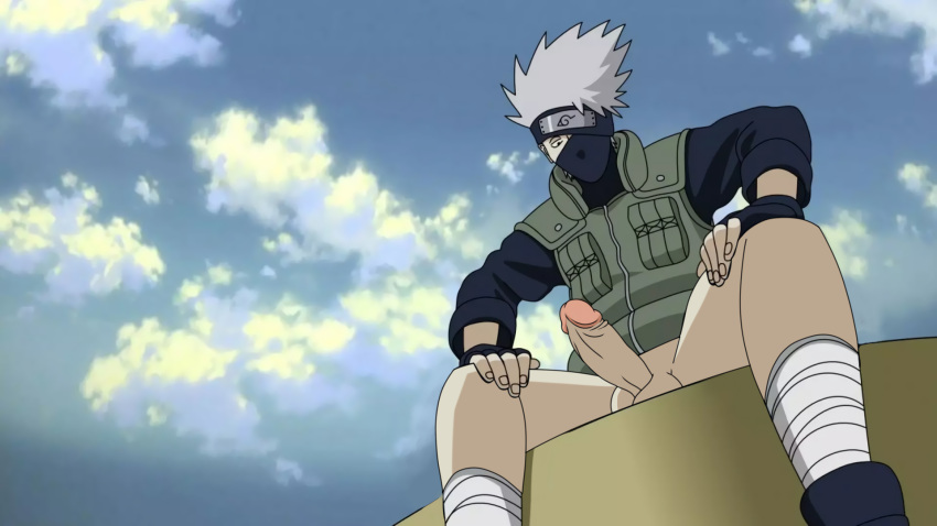 1boy clothed edit editfag erect_penis erection genitals hatake_kakashi male male_only naruto naruto_(series) outdoors outside retracted_foreskin screencap screenshot screenshot_edit solo uncut white_hair