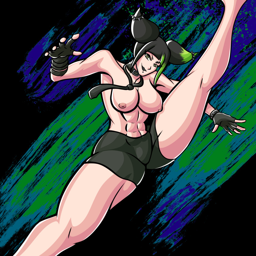 1girls abdomen alternate_version_available breasts capcom choker female female_only goth juri_han naked paresseux0w0 pussy shorts solo sportswear street_fighter street_fighter_6 thick_thighs tie