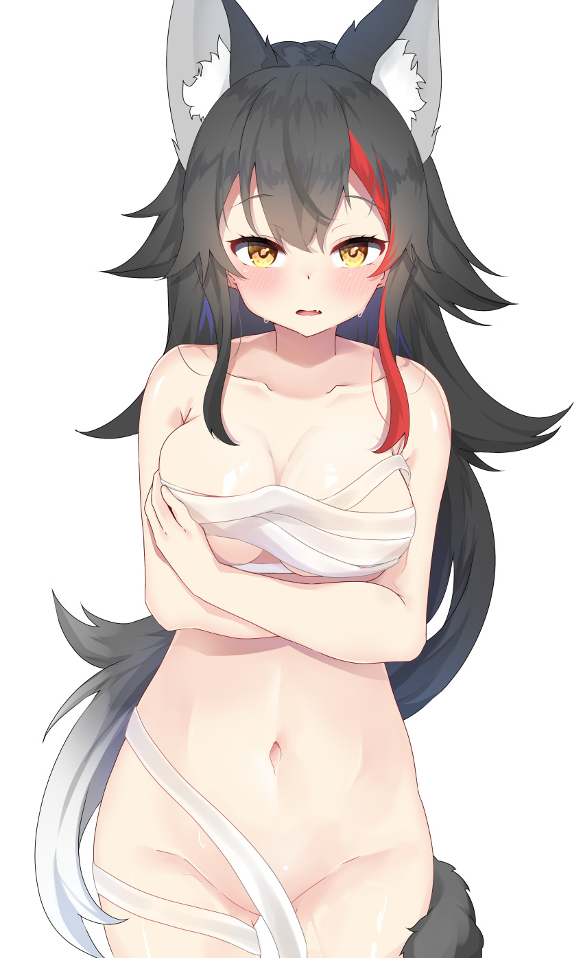 absurdres amato_0321 animal_ear_fluff animal_ears black_hair blush breasts brown_eyes budget_sarashi collarbone colored_tips commentary_request cowboy_shot female gluteal_fold highres hololive hololive_gamers hololive_japan large_breasts long_hair looking_at_viewer multicolored_hair navel oerba_yun_fang ookami_mio open_mouth red_hair sarashi skin_fang solo streaked_hair tail very_long_hair virtual_youtuber white_hair wolf_ears wolf_girl wolf_tail