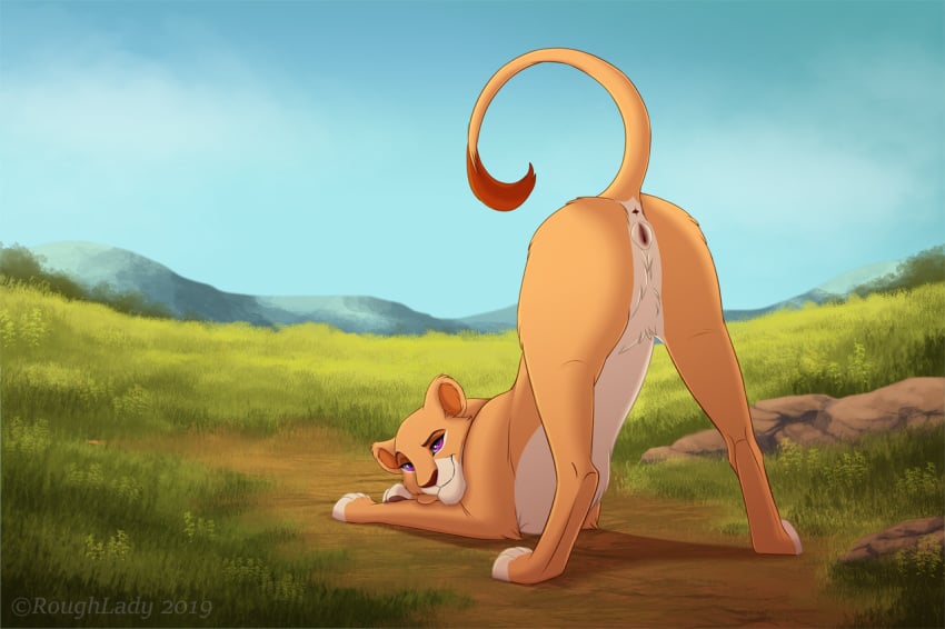 2019 ass ass_up day detailed_background felid female feral fur genitals lion looking_back mammal nature outside pantherine presenting presenting_hindquarters pussy roughlady sky solo text