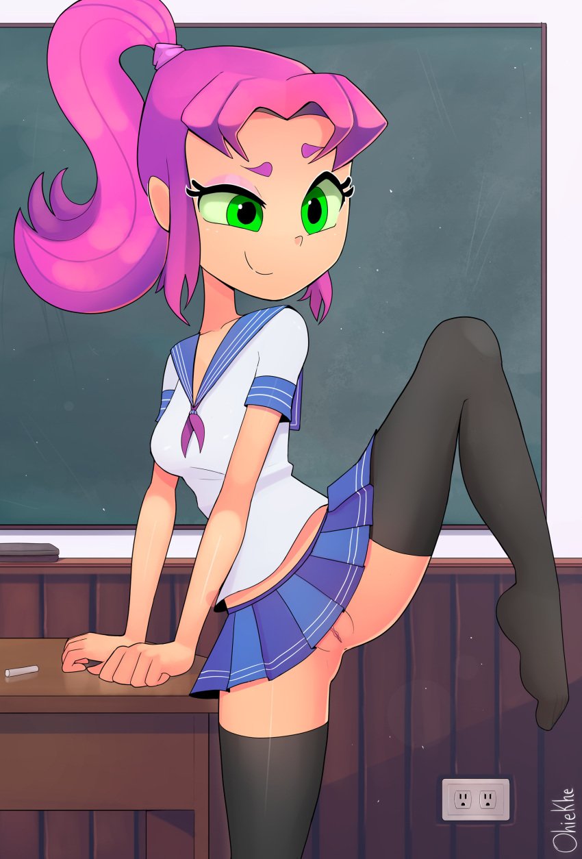 1girls anus black_socks bottomless_skirt cartoon_network classroom clothed_female dc dc_comics female green_eyes koriand'r no_panties ohiekhe orange_skin pink_hair pussy school school_uniform socks starfire teen_titans teen_titans_go thigh_socks thighhighs upskirt