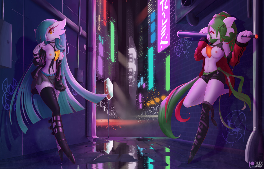 alley anthro belt blue_hair boots breasts choker clothing eyelashes female fingerless_gloves fishnet_gloves fishnet_legwear fishnets game_freak gardevoir green_hair hair jacket lollipop looking_at_viewer nintendo orange_eyes pokémon_(species) pokemon pokemon_(species) rilex_lenov shiny_pokemon shorts skirt thighhighs weapon weapon_over_shoulder yellow_eyes