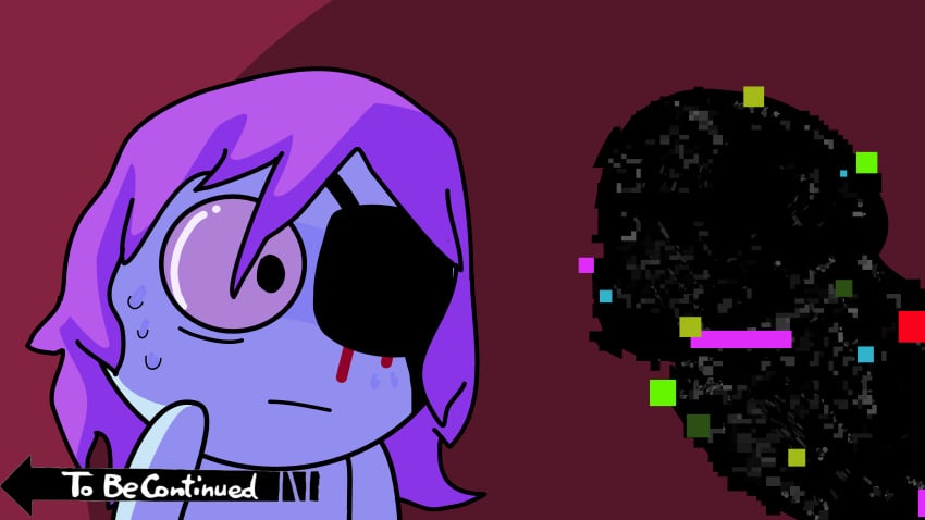 adult_swim black_eyes blood_on_eye blue_skin eye_patch jojo_reference learning_with_pibby looking_at_penis meme penis pibby purple_hair shocked_face sweat to_be_continued