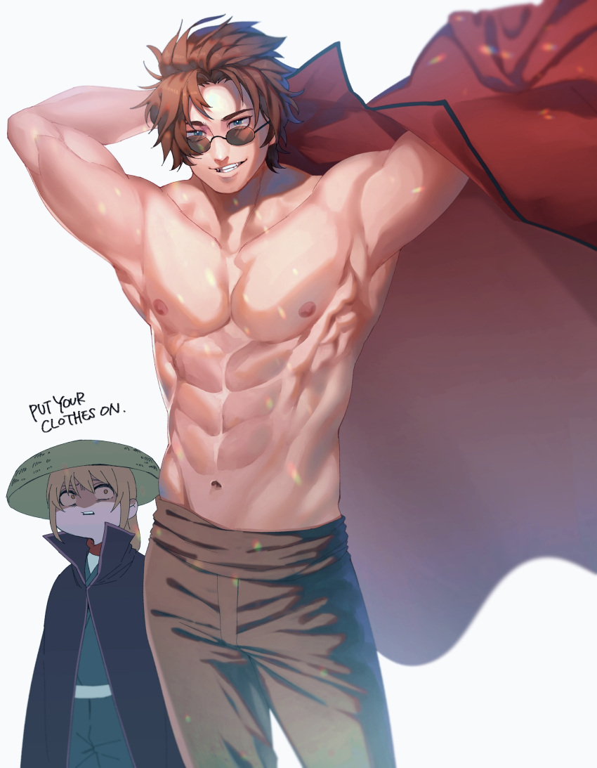 1boy 1girls abs ajirogasa armpits arms_up blue_eyes brown_hair coat dressing english_text female gintama grin humor jacket looking_at_viewer male male_focus muscular muscular_male mutsu_(gintama) pecs sakamoto_tatsuma shaded_face smile solo_focus sunglasses topless topless_male undressing wamon