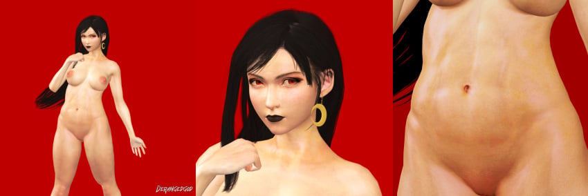 1girls 3d 3d_(artwork) abdomen abs angry belly_button big_thighs black_hair derangedgod final_fantasy final_fantasy_vii final_fantasy_vii_remake fist goth_girl looking_at_viewer markings naked red_background red_eyes shaved_pussy six_pack solo thighs tifa_lockhart xnalara