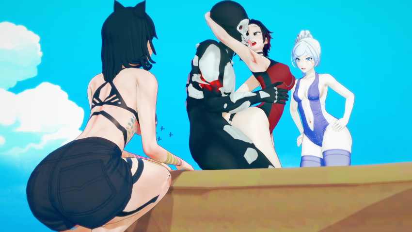 black_hair black_tape_project blake_belladonna cat_ears catgirl grimm_(rwby) interspecies koikatsu red_hair ricochet3d ruby_rose rwby weiss_schnee white_hair