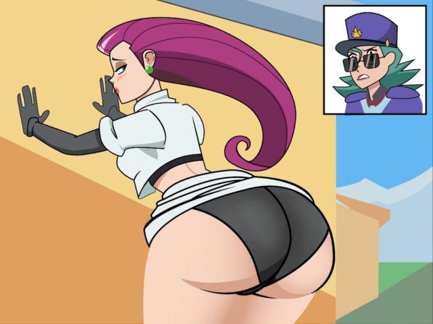 2girls against_wall annoyed arched_back ass ass_focus bedroom_eyes bending_over big_ass black_panties blue_eyes blue_hair blush curvy dat_ass earrings female female_only gloves jessie_(pokemon) large_ass leaning_forward lolotron6 long_hair looking_back looking_over_eyewear looking_over_glasses looking_over_shoulder looking_over_sunglasses multiple_girls officer_jenny_(pokemon) panties pokemon police police_uniform policewoman presenting_hindquarters red_hair showing_ass showing_off showing_off_ass skirt_lift standing sunglasses supervillain team_rocket thick_thighs tinted_eyewear uniform upskirt wide_hips