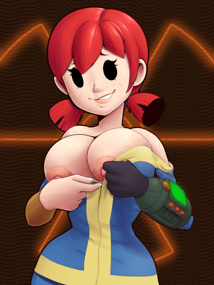 1girls absurd_res areolae bare_shoulders big_breasts biting_lip bodysuit breasts fallout flare_(revtilian) mob_face mystical nipples plantpenetrator red_hair soubriquetrouge unzipped_bodysuit unzipping vault_girl vault_suit zipper