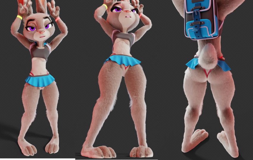 3_toes 3d 3d_(artwork) 4_fingers anthro ass backpack bottomwear breasts clothing digital_media_(artwork) disney eyebrows eyelashes feet female fingers fur genitals gesture hi_res judy_hopps lagomorph leporid looking_at_viewer mammal miniskirt multicolored_body open_mouth panties pochemu purple_eyes pussy rabbit rear_view shirt simple_background skirt small_breasts solo tank_top thong tight_clothing toes topwear two_tone_body underwear v_sign wristband zootopia