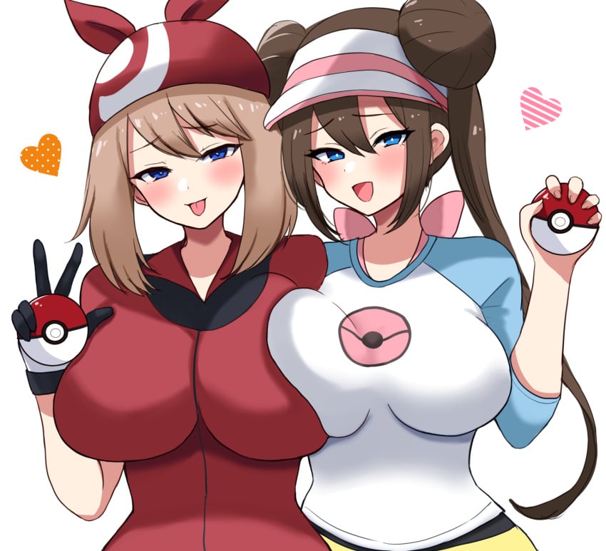 2girls bandana big_breasts blue_eyes blush breast_to_breast breasts brown_hair cap double_bun eye_contact game_freak hair_bun huge_breasts looking_at_viewer manana_(matoi1111) may_(pokemon) nintendo pokemon pokemon_(game) pokemon_bw2 pokemon_rse rosa_(pokemon) upper_body