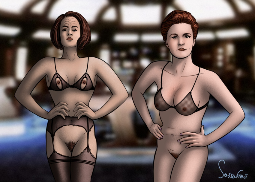 2girls areolae b'elanna_torres breasts brown_hair cleavage female female_only garter_belt garter_straps kathryn_janeway lingerie multiple_girls nipples pubic_hair sassafras star_trek star_trek_voyager stockings