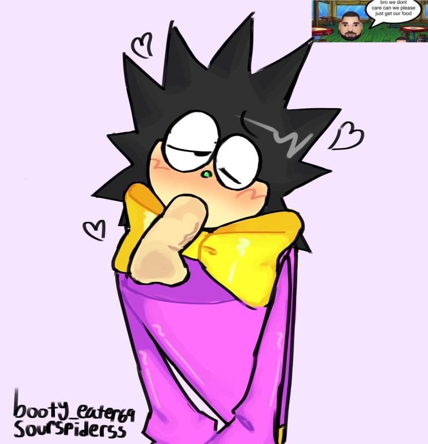 2boys black_hair blowjob blush blush_lines booty_eater69 bowtie cartoony dave_and_bambi_mod disembodied_penis fully_clothed gay heart junior_(vs_kirby_dave) light-skinned_male one_eye_closed oral_sex purple_background simple_background spiky_hair watermark