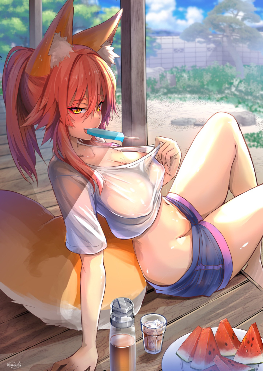 animal_ear_fluff animal_ears backyard breasts cleavage deck_(architecture) fate_(series) female food fox_ears fox_girl fox_tail garden groin highres iced_tea large_breasts midriff navel nipples no_bra oerba_yun_fang outdoors pink_hair popsicle popsicle_in_mouth see-through shirt short_shorts short_sleeves shorts solo stomach summer sweat t-shirt tail tamamo_no_mae_(fate) thermos thighs tree watermelon watermelon_slice white_shirt wisespeak yellow_eyes