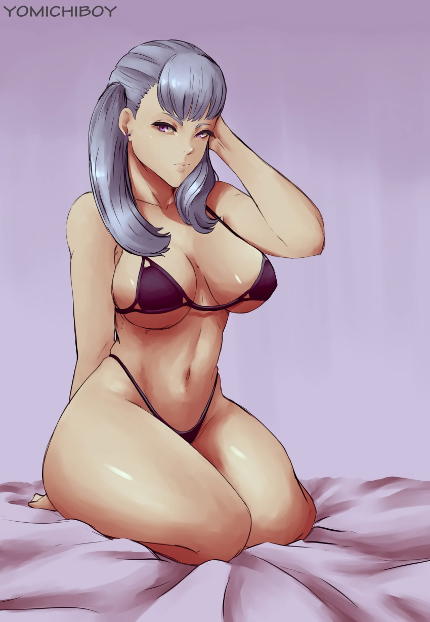 1girls bed black_clover bra breasts female female_only hair_flip hi_res large_breasts long_hair looking_to_the_side noelle_silva on_bed on_knees panties purple_eyes silver_hair solo teenager thick_lips thick_thighs thighs twintails watermark yomichiboy