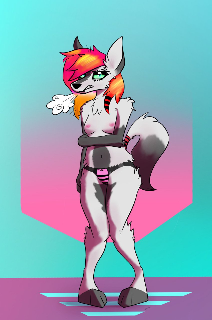 absurd_res anthro breasts canid canine canis clothed clothing eyeliner female female_focus green_eyes hair hi_res makeup mammal muffinlicious multicolored_hair nipples pattern_clothing pink_nipples solo standing striped_clothing stripes topless underwear wolf