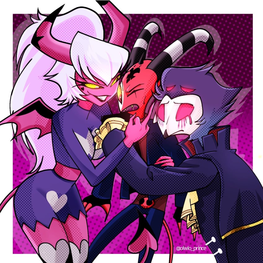 2022 2boys beak bird blitzo_(helluva_boss) breasts demon_horns female femdom flipping_off helluva_boss horn hug imp lipstick long_hair male middle_finger olwlo_prince pink_eyes pink_hair red_eyes smile spade_tail stolas_(helluva_boss) succubus tail tears verosika_mayday_(helluva_boss) wings