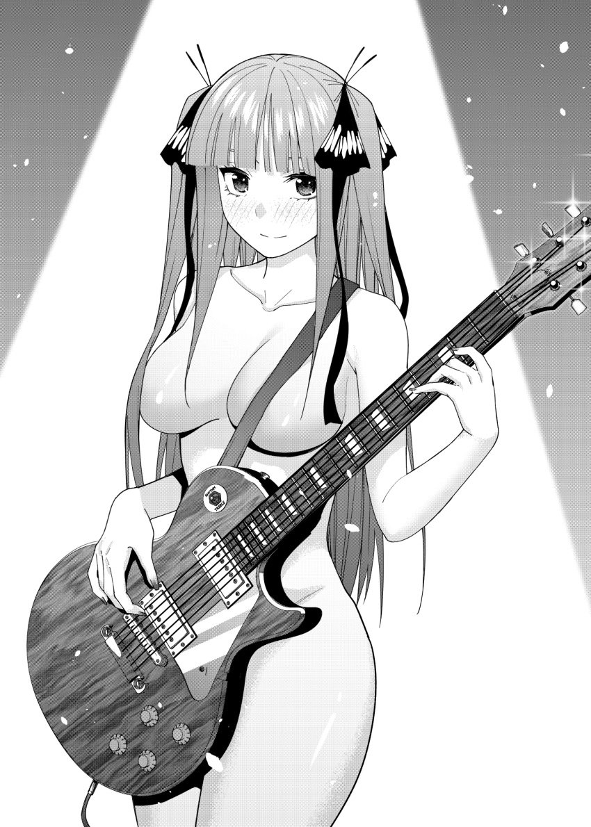 1girls bangs blunt_bangs blush breasts butterfly_hair_ornament closed_mouth collarbone completely_nude convenient_censoring cowboy_shot electric_guitar female female_only go-toubun_no_hanayome greyscale guitar hair_censor hair_ornament hair_over_breasts hair_over_one_breast highres instrument kosmos_beta large_breasts long_hair looking_at_viewer monochrome musical_instrument nakano_nino naked nude playing_instrument smile solo solo_female sparkle spotlight two_side_up