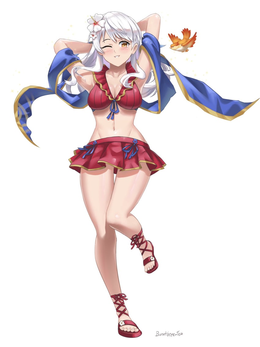 1girls alternate_costume armpits arms_behind_head arms_up artist_name bangs bikini bikini_skirt bird blue_scarf breasts burnt_green_tea cleavage commission female female_only fire_emblem fire_emblem:_radiant_dawn fire_emblem_heroes front-tie_top grey_hair grin groin half_updo highres long_hair lowleg lowleg_bikini medium_breasts micaiah_(fire_emblem) micaiah_(summer)_(fire_emblem) navel nintendo official_alternate_costume one_eye_closed red_bikini red_footwear red_swimsuit sandals scarf signature simple_background smile solo sparkle swimsuit towel white_background yellow_eyes yune_(fire_emblem)