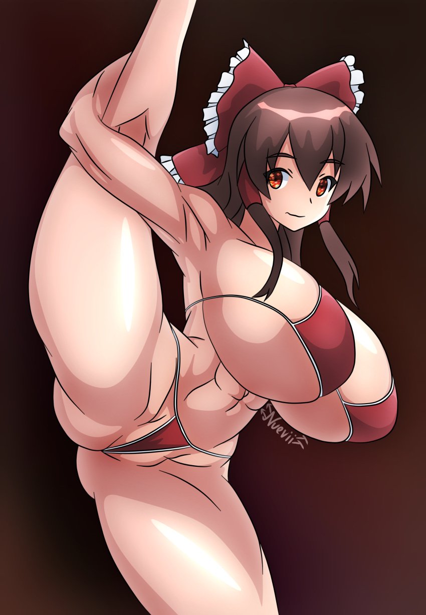 1girls abs arm_up brown_hair gradient_background hair_tubes hairbow large_breasts leg_lift leg_up looking_at_viewer nuevii orange_eyes red_bikini red_bow reimu_hakurei short_hair solo split standing_split touhou