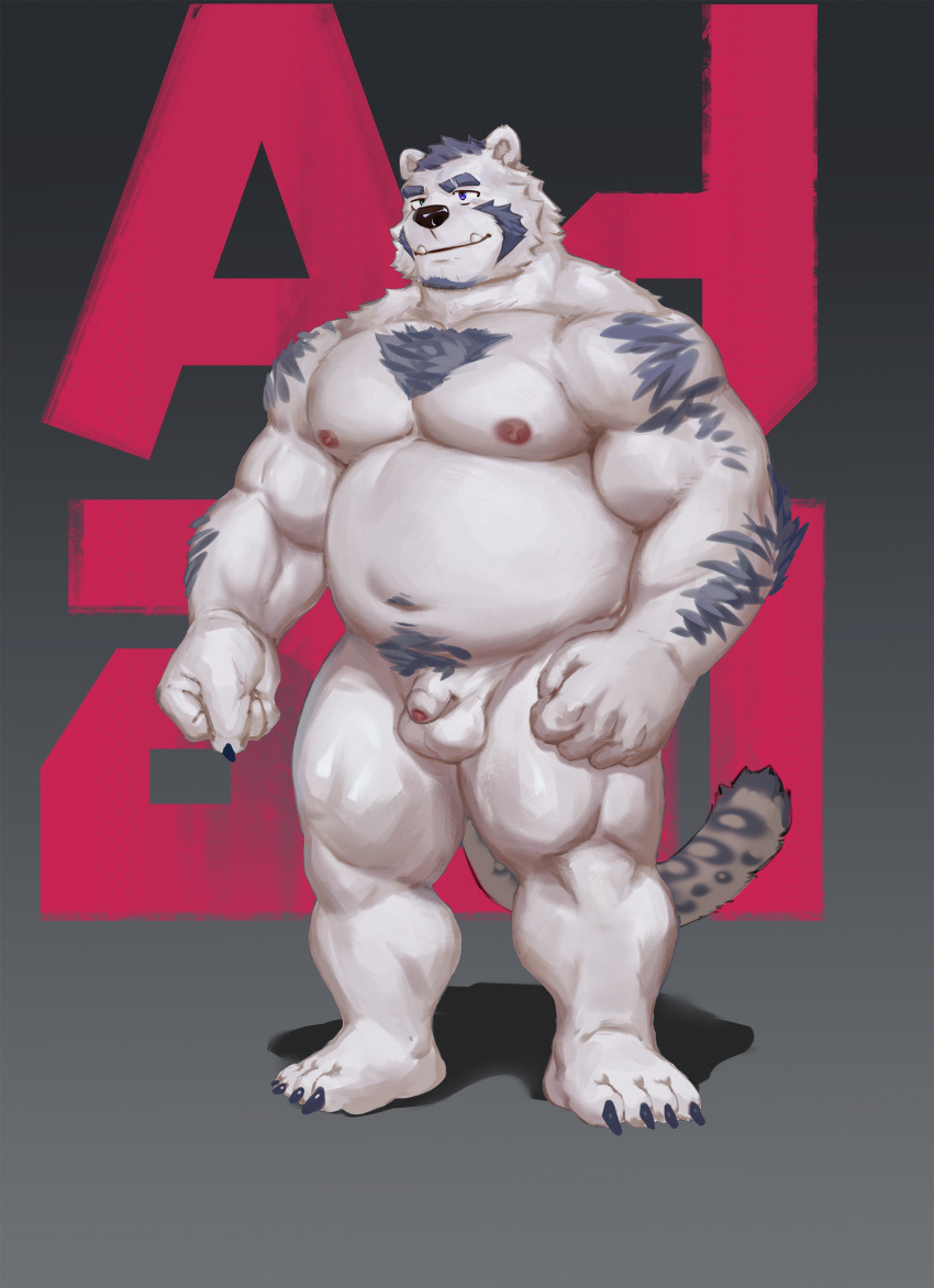 2022 absurd_res anthro balls belly black_nose felid flaccid furry genitals hi_res humanoid_genitalia humanoid_hands humanoid_penis kemono male mammal moobs musclegut navel nipples overweight overweight_male penis qigiu small_penis solo