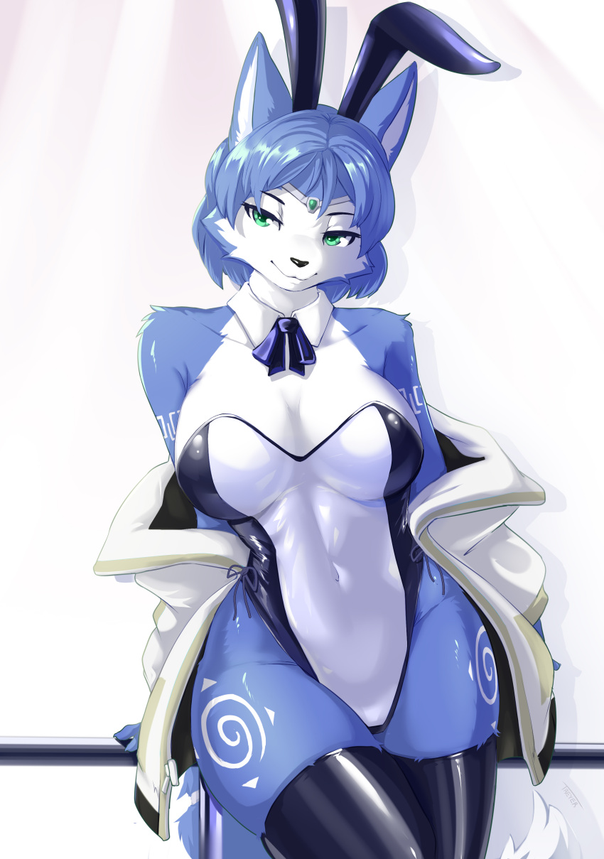 big_breasts blue_fur breasts bunny_ears bunnysuit female fur furry green_eyes krystal leotard non-human see-through_clothing star_fox tagme transparent_bunnysuit treyer undressing