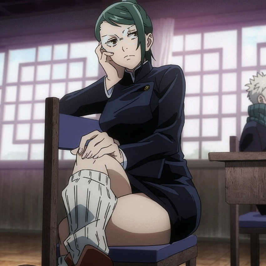 1girls female female_only green_hair hand_on_knee jujutsu_kaisen jujutsu_kaisen_0 knee_up kneehighs legs loose_socks screencap seductive_pose sitting sitting_on_chair socks solo solo_female thick_thighs thighs toge_inumaki white_socks zenin_maki